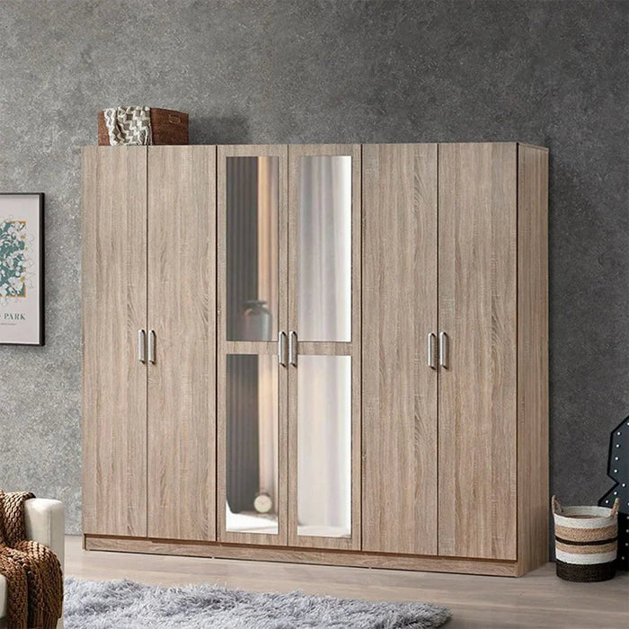Supreme 6-Door Wardrobe With Mirror For Hanging Clothes Extra Sturdy Rack Storage Organiser Modern Design Space Saving Cabinets For Bedroom - French Sonoma Oak