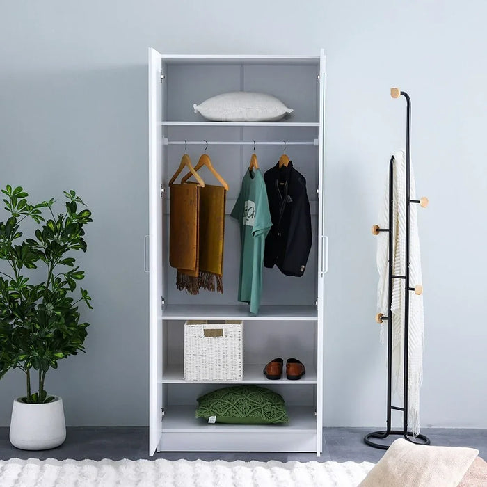 Supreme 2-Door Wardrobe With Mirror For Hanging Clothes Extra Sturdy Rack Storage Organiser Modern Design Space Saving Cabinets For Bedroom - White
