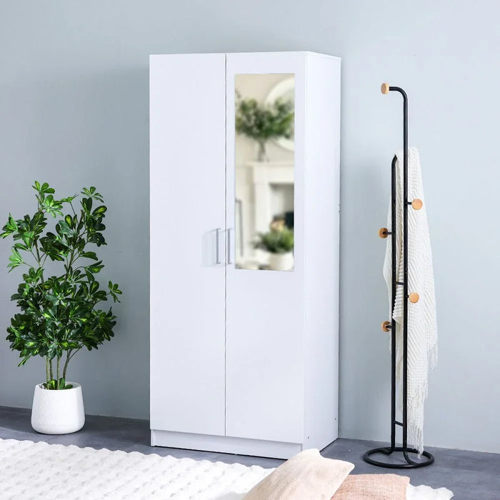 Supreme 2-Door Wardrobe With Mirror For Hanging Clothes Extra Sturdy Rack Storage Organiser Modern Design Space Saving Cabinets For Bedroom - White
