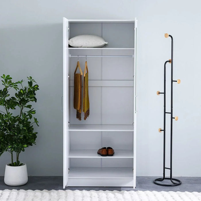 Supreme 2-Door Wardrobe With Mirror For Hanging Clothes Extra Sturdy Rack Storage Organiser Modern Design Space Saving Cabinets For Bedroom - White