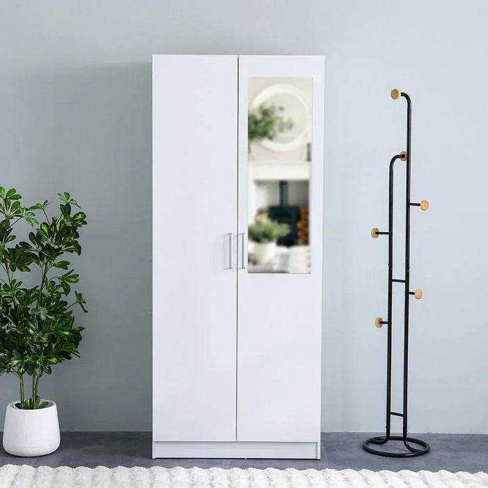 Supreme 2-Door Wardrobe With Mirror For Hanging Clothes Extra Sturdy Rack Storage Organiser Modern Design Space Saving Cabinets For Bedroom - White