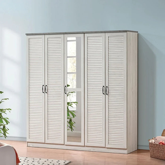 Zenith 5-Door Wardrobe With Drawers & Mirror For Hanging Clothes Extra Sturdy Rack Storage Organiser Modern Design Space Saving Cabinets For Bedroom - White Oak/Cement