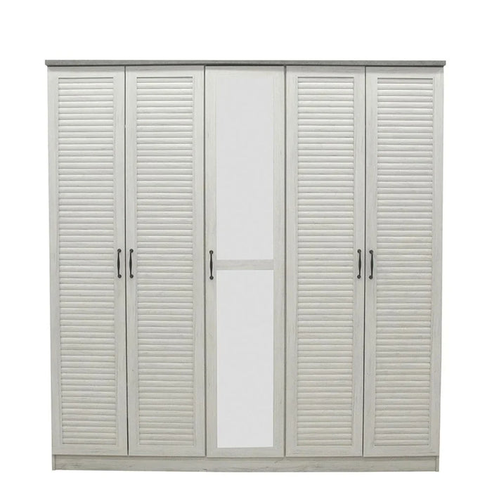 Zenith 5-Door Wardrobe With Drawers & Mirror For Hanging Clothes Extra Sturdy Rack Storage Organiser Modern Design Space Saving Cabinets For Bedroom - White Oak/Cement