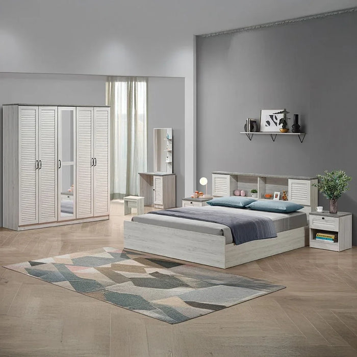 Zenith 5-Door Wardrobe With Drawers & Mirror For Hanging Clothes Extra Sturdy Rack Storage Organiser Modern Design Space Saving Cabinets For Bedroom - White Oak/Cement