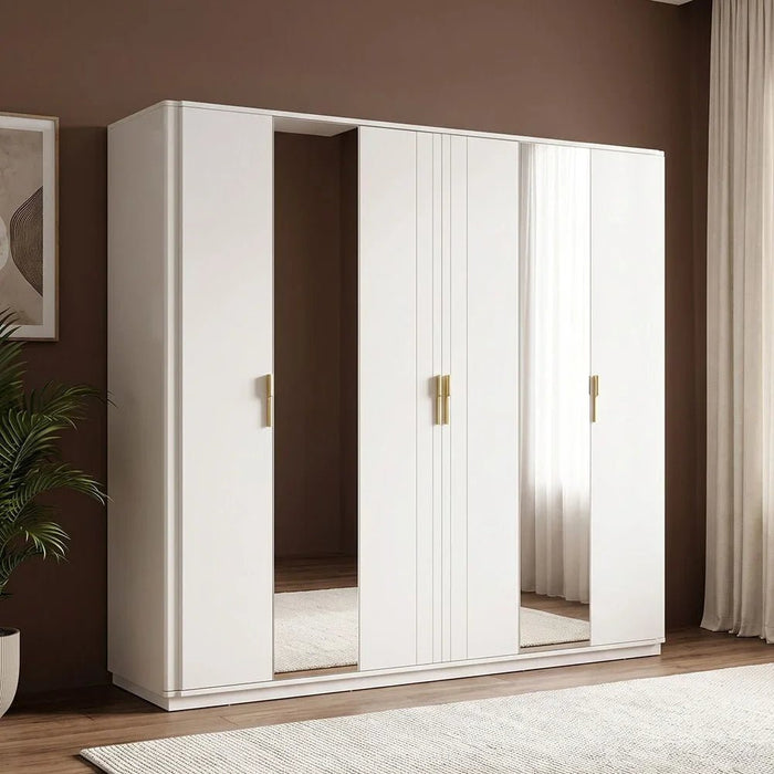 Lintell 6 Door Wardrobe Sturdy Closet Clothes Storage Cupboard Modern Design Space Saving Swing Door Cabinet For Bedroom L240.4xW60xH215cm - Cream