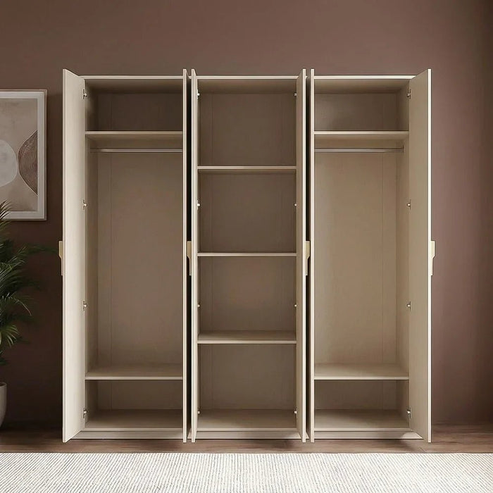 Lintell 6 Door Wardrobe Sturdy Closet Clothes Storage Cupboard Modern Design Space Saving Swing Door Cabinet For Bedroom L240.4xW60xH215cm - Cream