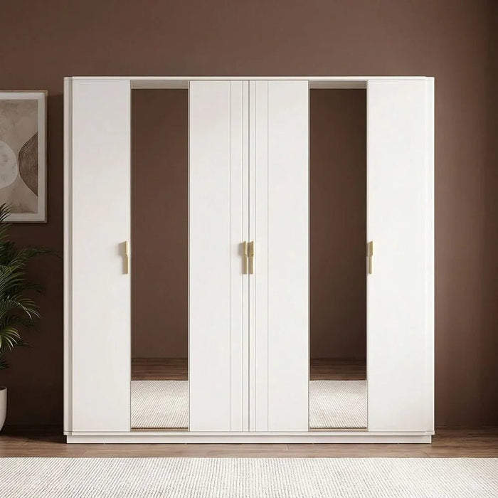 Lintell 6 Door Wardrobe Sturdy Closet Clothes Storage Cupboard Modern Design Space Saving Swing Door Cabinet For Bedroom L240.4xW60xH215cm - Cream