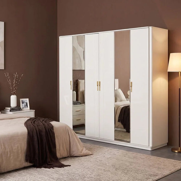 Lintell 6 Door Wardrobe Sturdy Closet Clothes Storage Cupboard Modern Design Space Saving Swing Door Cabinet For Bedroom L240.4xW60xH215cm - Cream