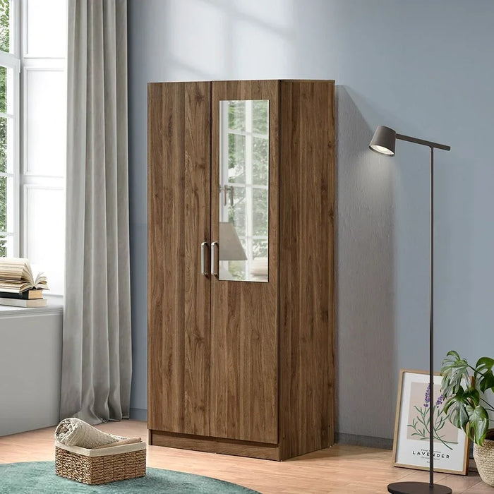 Supreme 2-Door Wardrobe with Mirror – Light Walnut Finish – Modern Wooden Wardrobe with Hanging Rod & Shelves – Spacious Bedroom Storage Cabinet