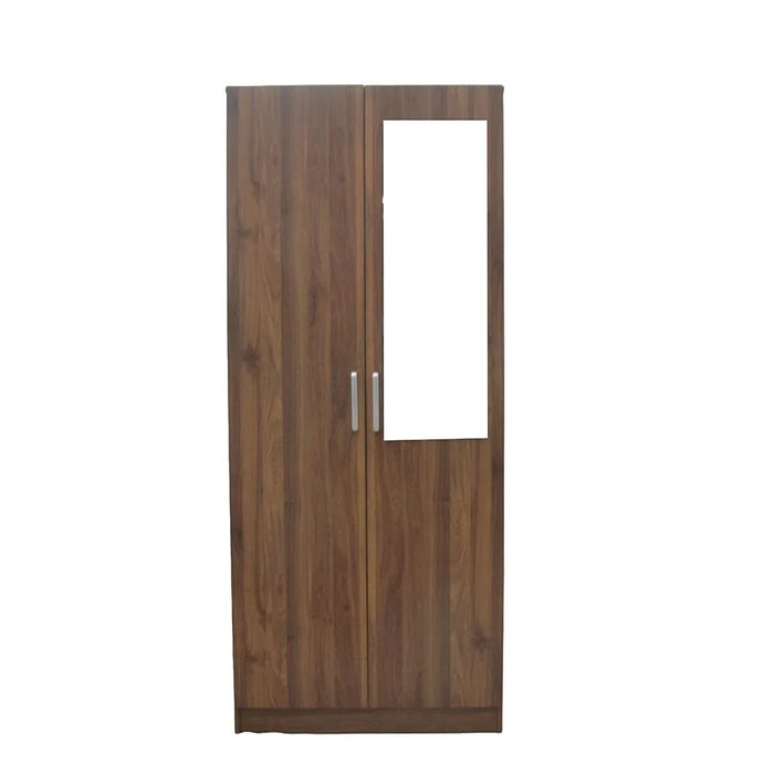 Supreme 2-Door Wardrobe with Mirror – Light Walnut Finish – Modern Wooden Wardrobe with Hanging Rod & Shelves – Spacious Bedroom Storage Cabinet