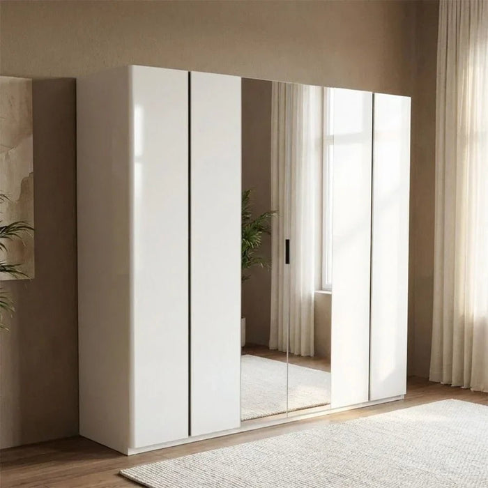 Santelmo 6 Door Wardrobe With Mirror Sturdy Closet Clothes Storage Cupboard Modern Design Space Saving Swing Door Cabinet For Bedroom L238.2xW59.8xH220cm - Light Beige
