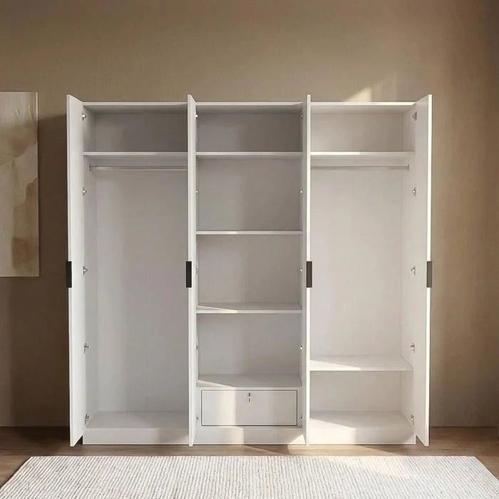 Santelmo 6 Door Wardrobe With Mirror Sturdy Closet Clothes Storage Cupboard Modern Design Space Saving Swing Door Cabinet For Bedroom L238.2xW59.8xH220cm - Light Beige