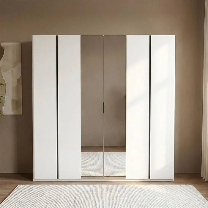 Santelmo 6 Door Wardrobe With Mirror Sturdy Closet Clothes Storage Cupboard Modern Design Space Saving Swing Door Cabinet For Bedroom L238.2xW59.8xH220cm - Light Beige
