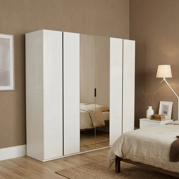 Santelmo 6 Door Wardrobe With Mirror Sturdy Closet Clothes Storage Cupboard Modern Design Space Saving Swing Door Cabinet For Bedroom L238.2xW59.8xH220cm - Light Beige