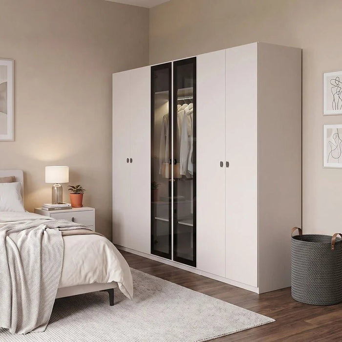 Virgo 6 Door Swing Door Wardrobe with 2 Glass Doors & LED - Matt Grey Engineered Wood Furniture, Spacious Storage with 8 Shelves, Size: L271.5xW61xH225cm