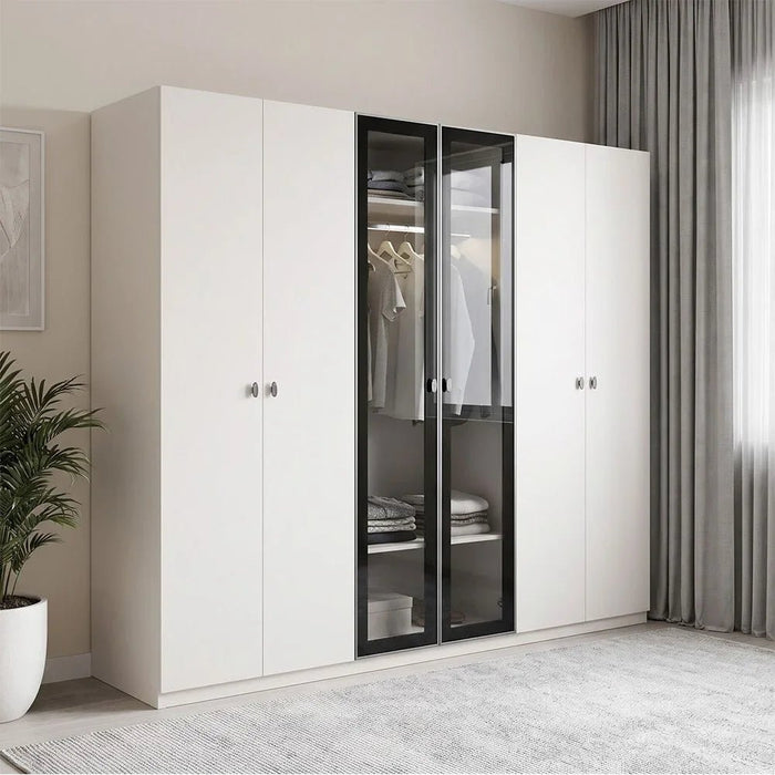 Virgo 6 Door Swing Door Wardrobe with 2 Glass Doors & LED - Matt Grey Engineered Wood Furniture, Spacious Storage with 8 Shelves, Size: L271.5xW61xH225cm
