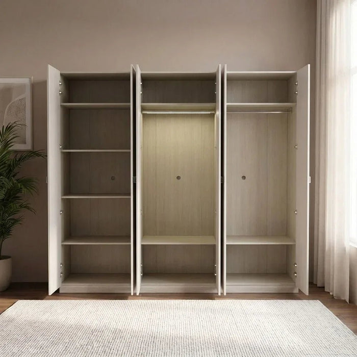 Virgo 6 Door Swing Door Wardrobe with 2 Glass Doors & LED - Matt Grey Engineered Wood Furniture, Spacious Storage with 8 Shelves, Size: L271.5xW61xH225cm
