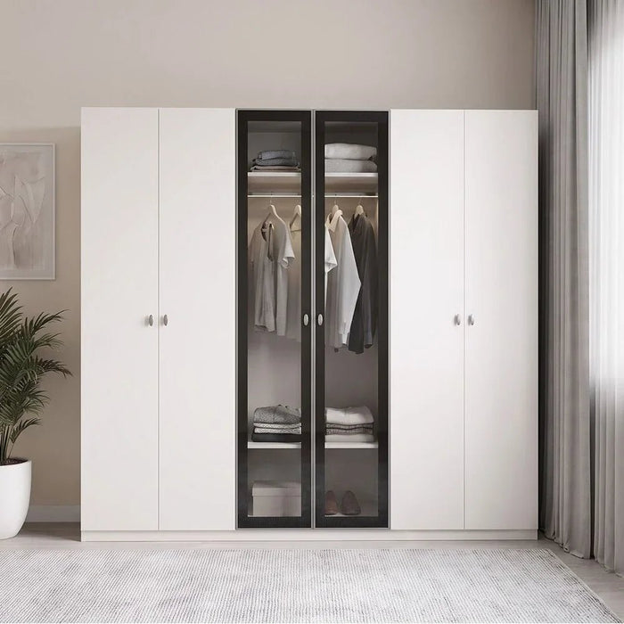 Virgo 6 Door Swing Door Wardrobe with 2 Glass Doors & LED - Matt Grey Engineered Wood Furniture, Spacious Storage with 8 Shelves, Size: L271.5xW61xH225cm