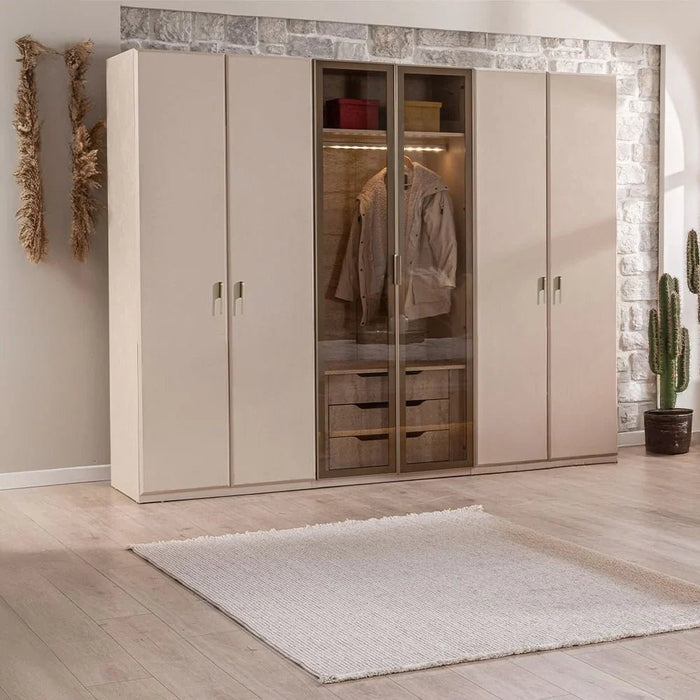 Vesta 6 Door Wardrobe with 2 Glass Door and LED | Sturdy Closet Clothes Storage Cupboard | Modern Design Space Saving Swing Door Cabinet For Bedroom L256.5xW62xH215cm-Beige