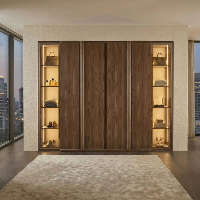 Somahus 6 Door Wardrobe with 2 Glass Doors & Built-In LED | Spacious Bedroom Storage with Shelves & Hanging Space | Premium Walnut/Brown Finish for Modern & Stylish Home Interiors