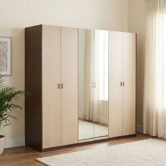 Atlanta 6 Door Wardrobe With 2 Mirrors | Sturdy Closet Clothes Storage Cupboard | Modern Design Space Saving Swing Door Cabinet For Bedroom L240.3xW60xH220cm-Walnut/Beige