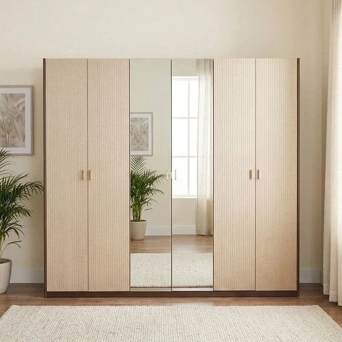 Atlanta 6 Door Wardrobe With 2 Mirrors | Sturdy Closet Clothes Storage Cupboard | Modern Design Space Saving Swing Door Cabinet For Bedroom L240.3xW60xH220cm-Walnut/Beige