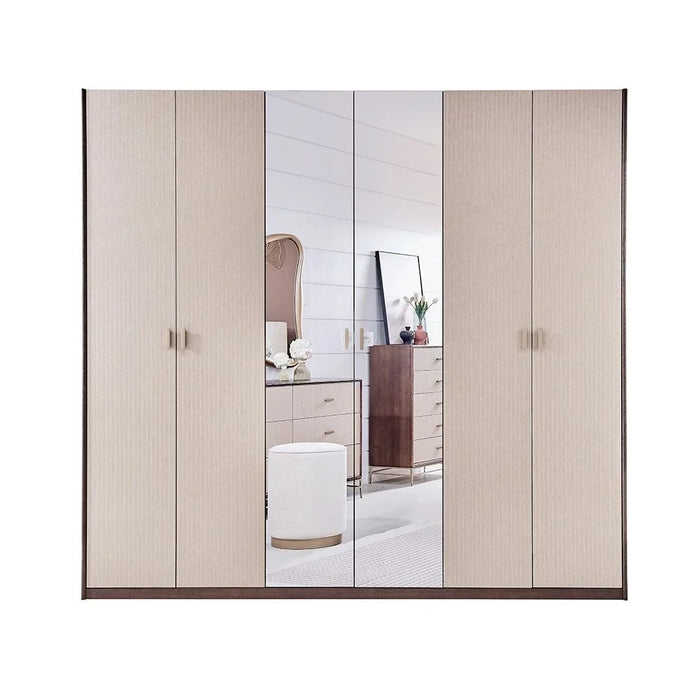 Atlanta 6 Door Wardrobe With 2 Mirrors | Sturdy Closet Clothes Storage Cupboard | Modern Design Space Saving Swing Door Cabinet For Bedroom L240.3xW60xH220cm-Walnut/Beige