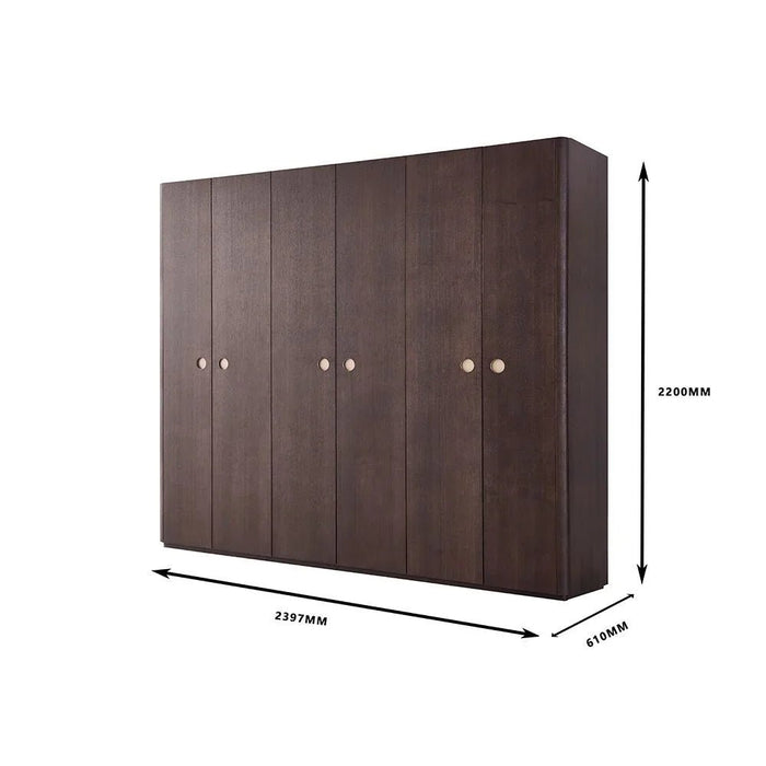Jacksonville 6 Door Wardrobe | Sturdy Closet Clothes Storage Cupboard | Modern Design Space Saving Swing Door Cabinet For Bedroom L239.7xW61xH220cm-Brown/Gold