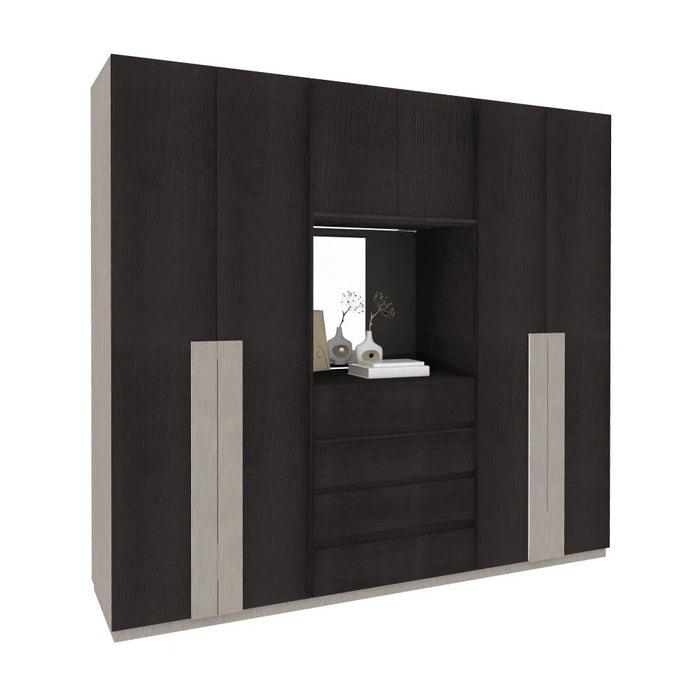 Novette 6 Door Wardrobe + 4 Drawers With Mirror | Sturdy Closet Clothes Storage Cupboard | Modern Design Space Saving Swing Door Cabinet For Bedroom L240.2xW63.3xH220cm-Taupe/Wenge