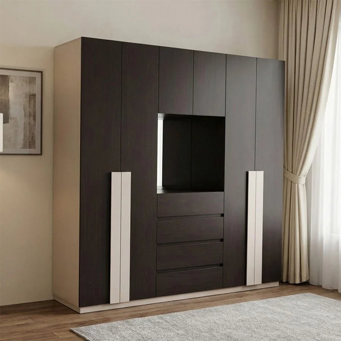 Novette 6 Door Wardrobe + 4 Drawers With Mirror | Sturdy Closet Clothes Storage Cupboard | Modern Design Space Saving Swing Door Cabinet For Bedroom L240.2xW63.3xH220cm-Taupe/Wenge