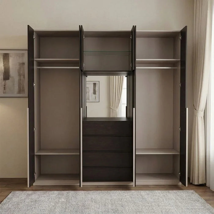 Novette 6 Door Wardrobe + 4 Drawers With Mirror | Sturdy Closet Clothes Storage Cupboard | Modern Design Space Saving Swing Door Cabinet For Bedroom L240.2xW63.3xH220cm-Taupe/Wenge