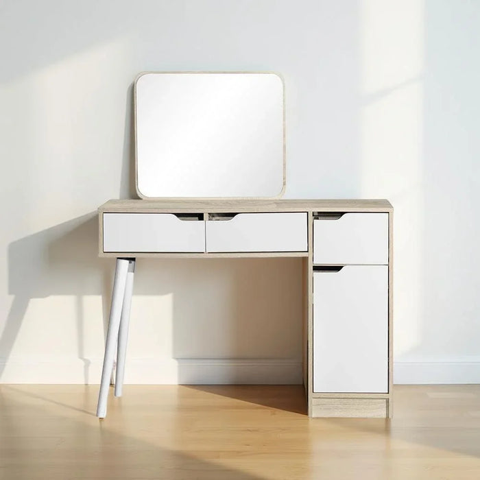 Kinder Vanity 1 Door 3 Drawers Dresser With Mirror Makeup Dressing Table With Mirror And Drawers For Small Bedroom Studio Minimalist - White & Sonoma Oak