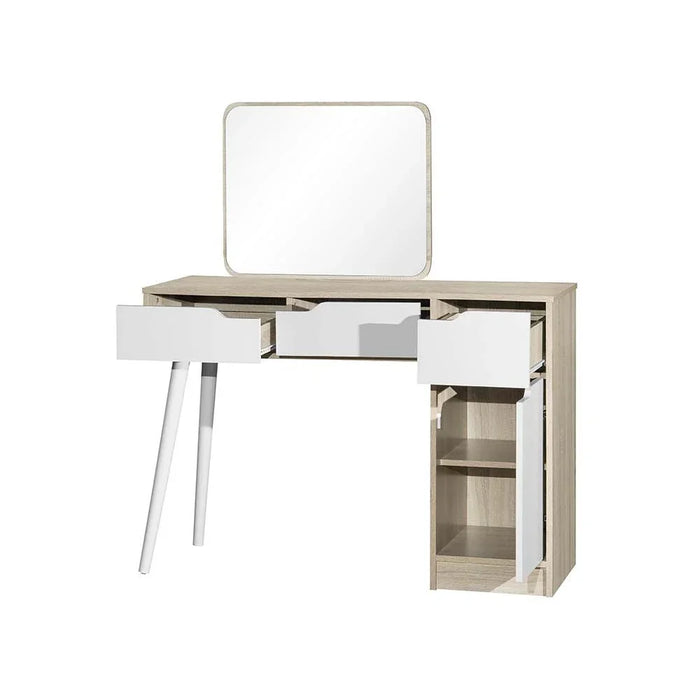 Kinder Vanity 1 Door 3 Drawers Dresser With Mirror Makeup Dressing Table With Mirror And Drawers For Small Bedroom Studio Minimalist - White & Sonoma Oak