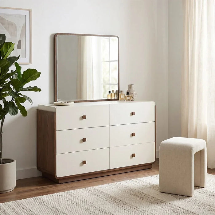 Oboro 6 drawer Dresser Mirror With Stool | Durable Vanity Table | Dressing Makeup Desk | Modern Design Bedroom Furniture L110xW70xH1.7cm - Walnut/Beige