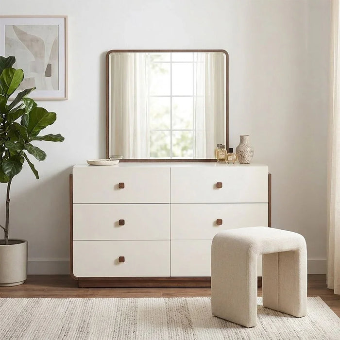 Oboro 6 drawer Dresser Mirror With Stool | Durable Vanity Table | Dressing Makeup Desk | Modern Design Bedroom Furniture L110xW70xH1.7cm - Walnut/Beige