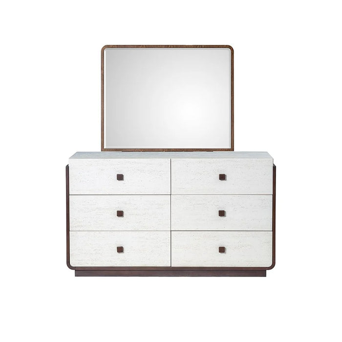 Oboro 6 drawer Dresser Mirror With Stool | Durable Vanity Table | Dressing Makeup Desk | Modern Design Bedroom Furniture L110xW70xH1.7cm - Walnut/Beige