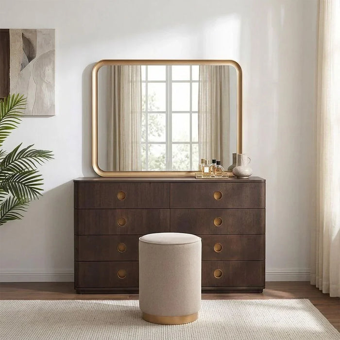 Jacksonville 6 Drawer Dresser With Mirror & Stool | Durable Vanity Table | Dressing Makeup Desk With ChairL160xW47xH90cm - Brown/Gold