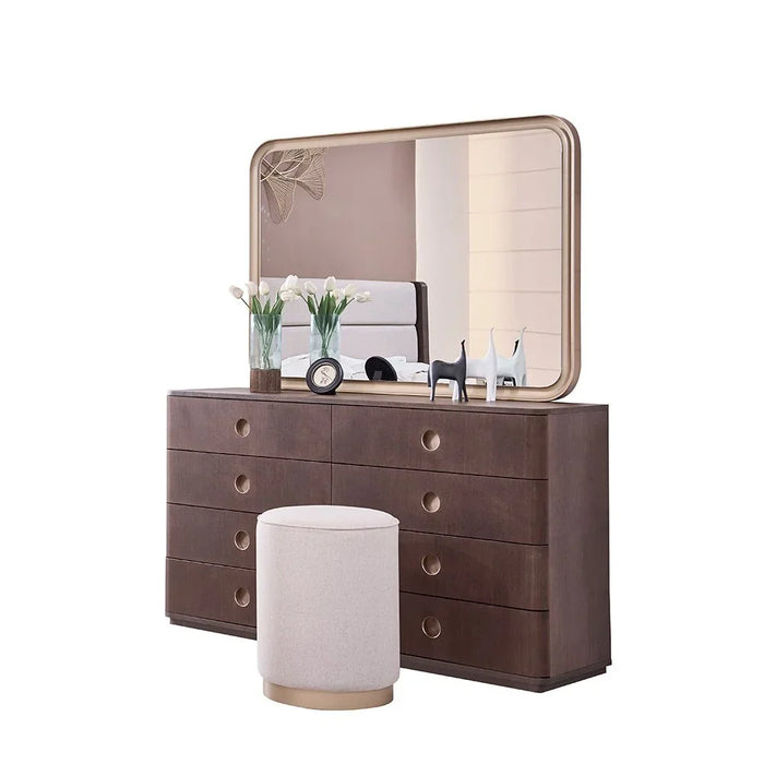 Jacksonville 6 Drawer Dresser With Mirror & Stool | Durable Vanity Table | Dressing Makeup Desk With ChairL160xW47xH90cm - Brown/Gold