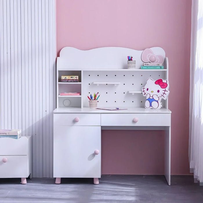 Kitty Study Desk & Hutch With 2 Drawers & 1 Door – Stylish Kids’ Desk With Usb Port, Ideal For Bedroom Or Study Room – White & Pink