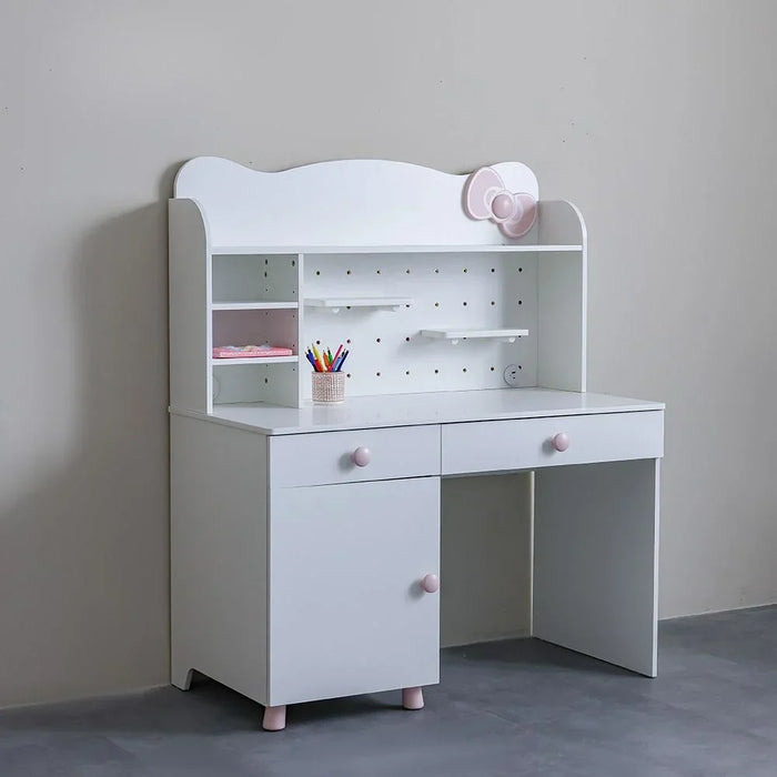 Kitty Study Desk & Hutch With 2 Drawers & 1 Door – Stylish Kids’ Desk With Usb Port, Ideal For Bedroom Or Study Room – White & Pink
