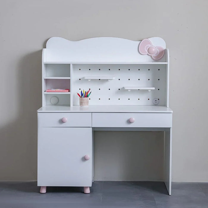 Kitty Study Desk & Hutch With 2 Drawers & 1 Door – Stylish Kids’ Desk With Usb Port, Ideal For Bedroom Or Study Room – White & Pink