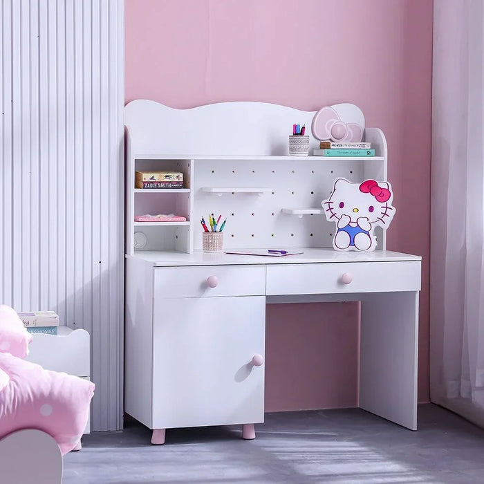 Kitty Study Desk & Hutch With 2 Drawers & 1 Door – Stylish Kids’ Desk With Usb Port, Ideal For Bedroom Or Study Room – White & Pink