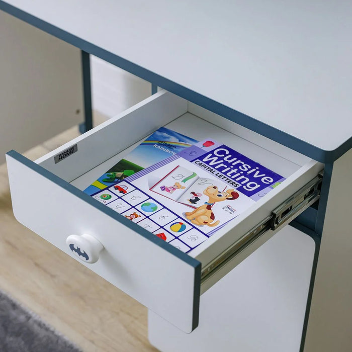 Knight Study Desk & Hutch With 1 Drawer & 1 Door – Modern Workspace With Usb Charging, Perfect For Kids & Teens – White, Teal & Blue
