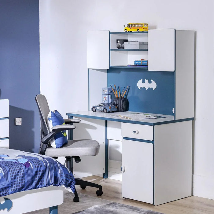 Knight Study Desk & Hutch With 1 Drawer & 1 Door – Modern Workspace With Usb Charging, Perfect For Kids & Teens – White, Teal & Blue