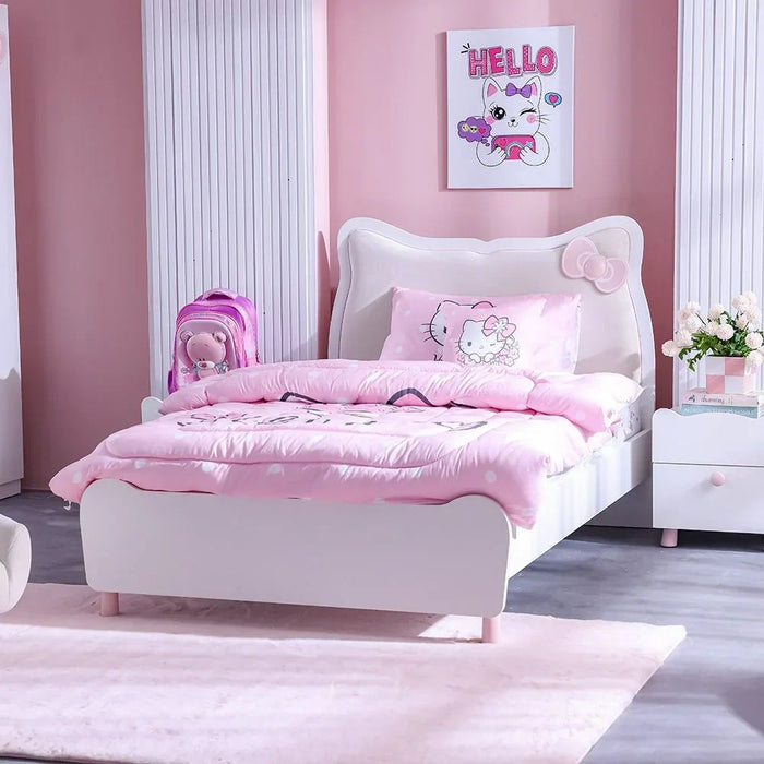 Kitty 120X200 Bed With Upholstered Headboard – Elegant Queen-Size Bedroom Bed With Plush Comfort & Stylish Design – White & Pink