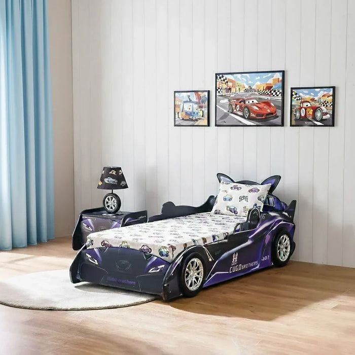 Cugo Brothers 90X190 Car Bed | Modern Design Wooden Kids Bed Frame Furniture | Comfortable Bed (Mattress Not Included) - Purple & Black