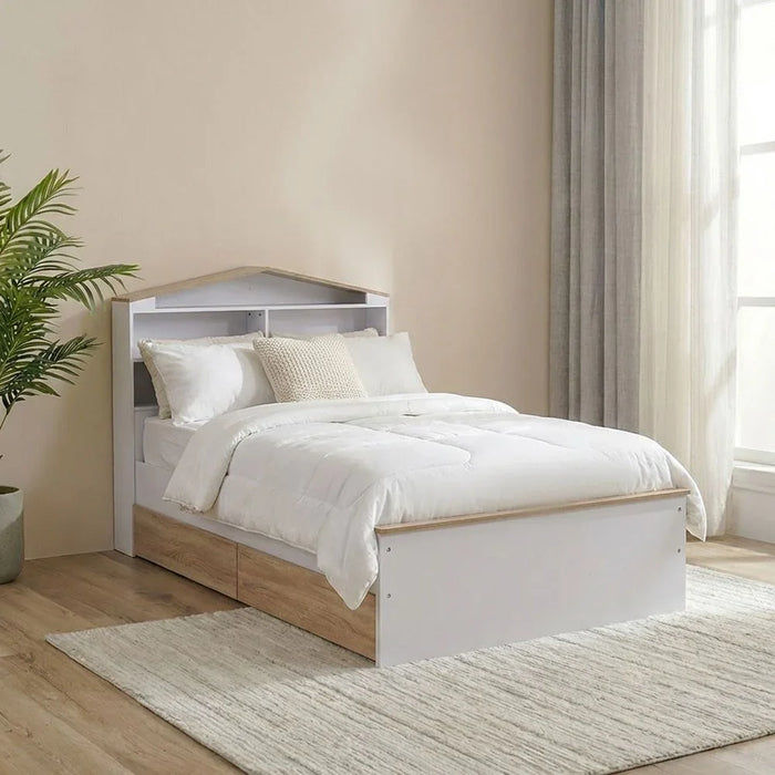 Stanley 120x200 House Bed With 2 Drawers | Modern Design Wooden Kids Bed Frame Furniture | Comfortable Bed (Mattress Not Included) - Sonoma Oak & White