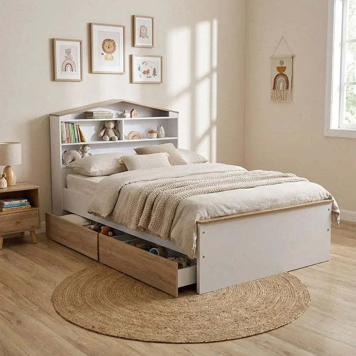 Stanley 120x200 House Bed With 2 Drawers | Modern Design Wooden Kids Bed Frame Furniture | Comfortable Bed (Mattress Not Included) - Sonoma Oak & White