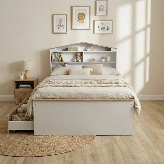 Stanley 120x200 House Bed With 2 Drawers | Modern Design Wooden Kids Bed Frame Furniture | Comfortable Bed (Mattress Not Included) - Sonoma Oak & White