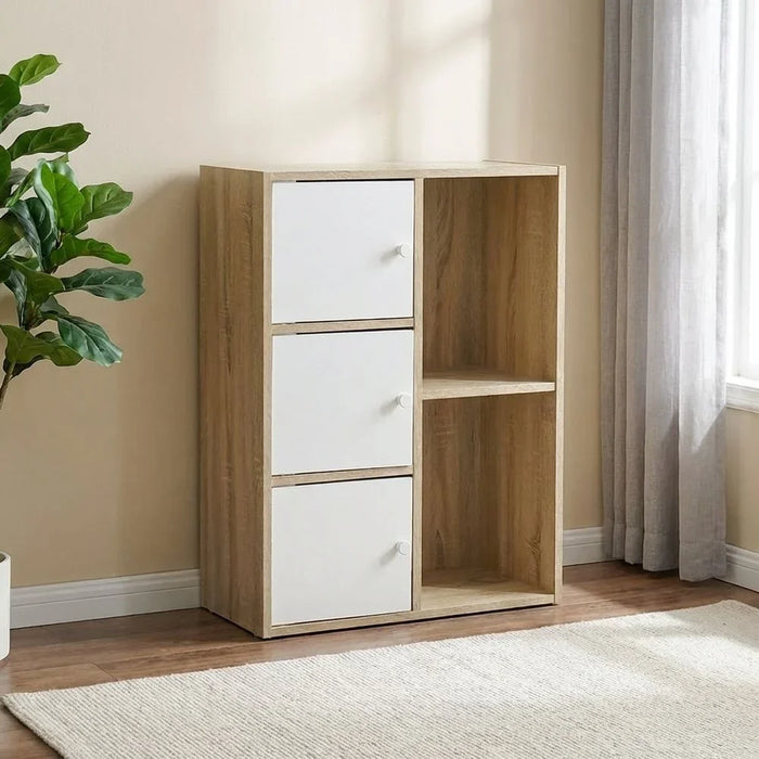 Kinder 3Door Book Case With Open Shelves | Modern Design Organiser Cupboard | Multifunctional Kids Display Rack Book Case For Home L60xW29xH80cm - White & Sonoma Oak